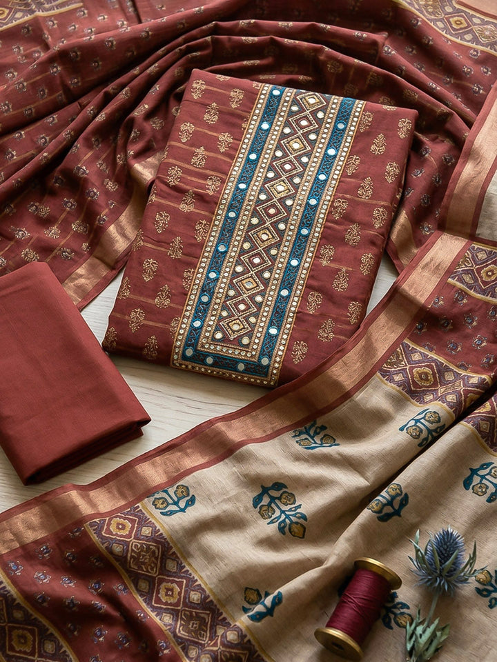 Embroidered Art Silk Unstitched Suit With Pant &amp; Dupatta