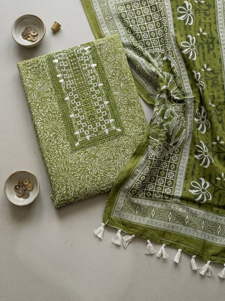 Embroidered Cotton Blend Unstitched Suit With Pant &amp; Dupatta