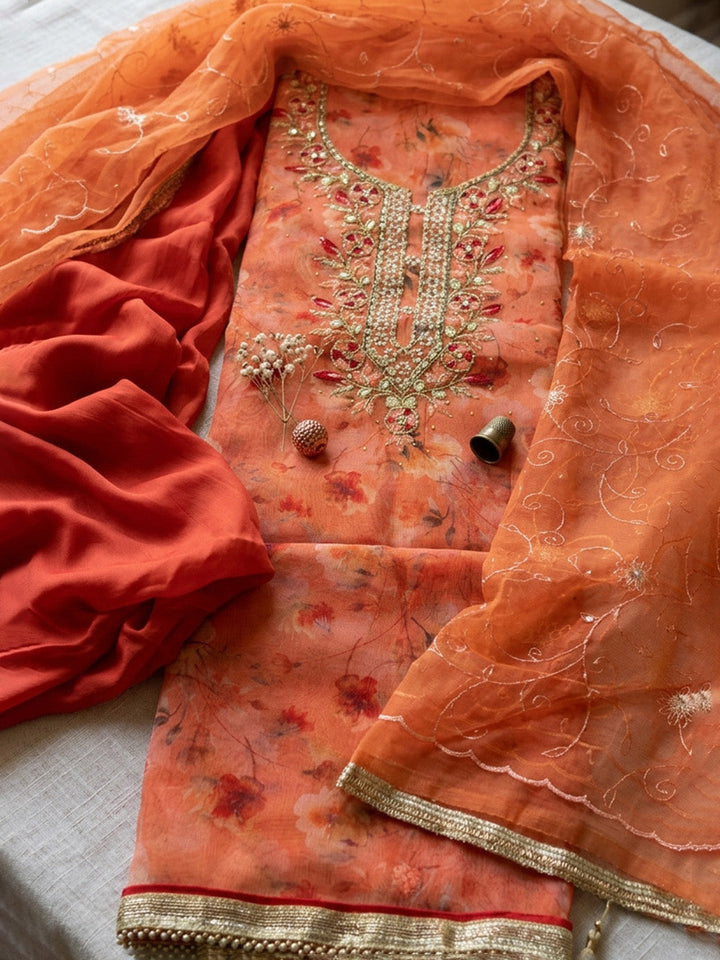 Embroidered Tissue Unstitched Suit With Pant &amp; Dupatta