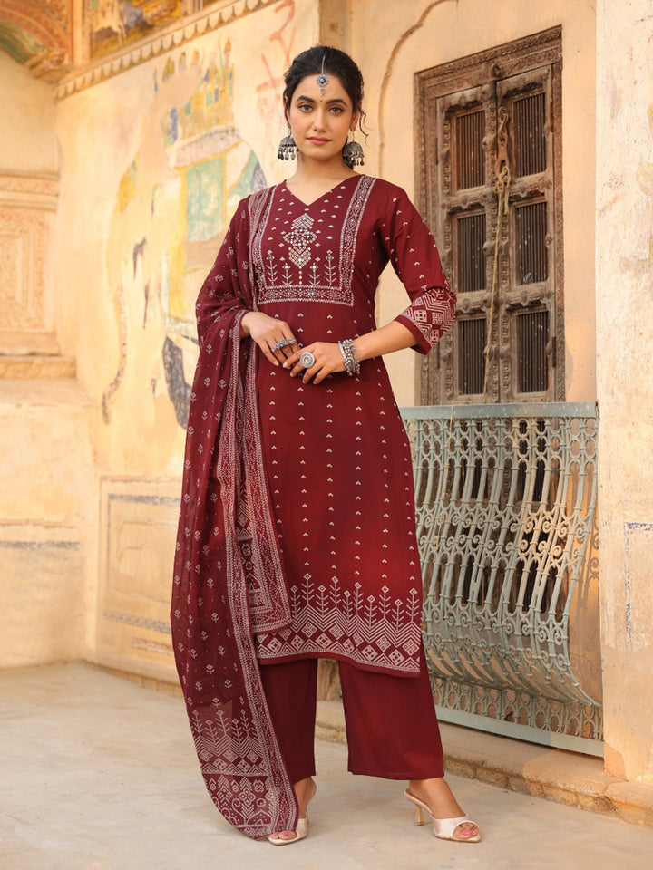 Wine Cotton Blend Printed Straight Suit Set