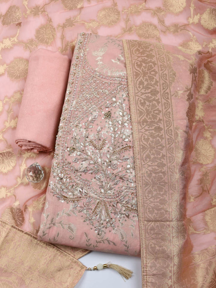 Embroidered Chanderi Unstitched Suit With Pant &amp; Dupatta