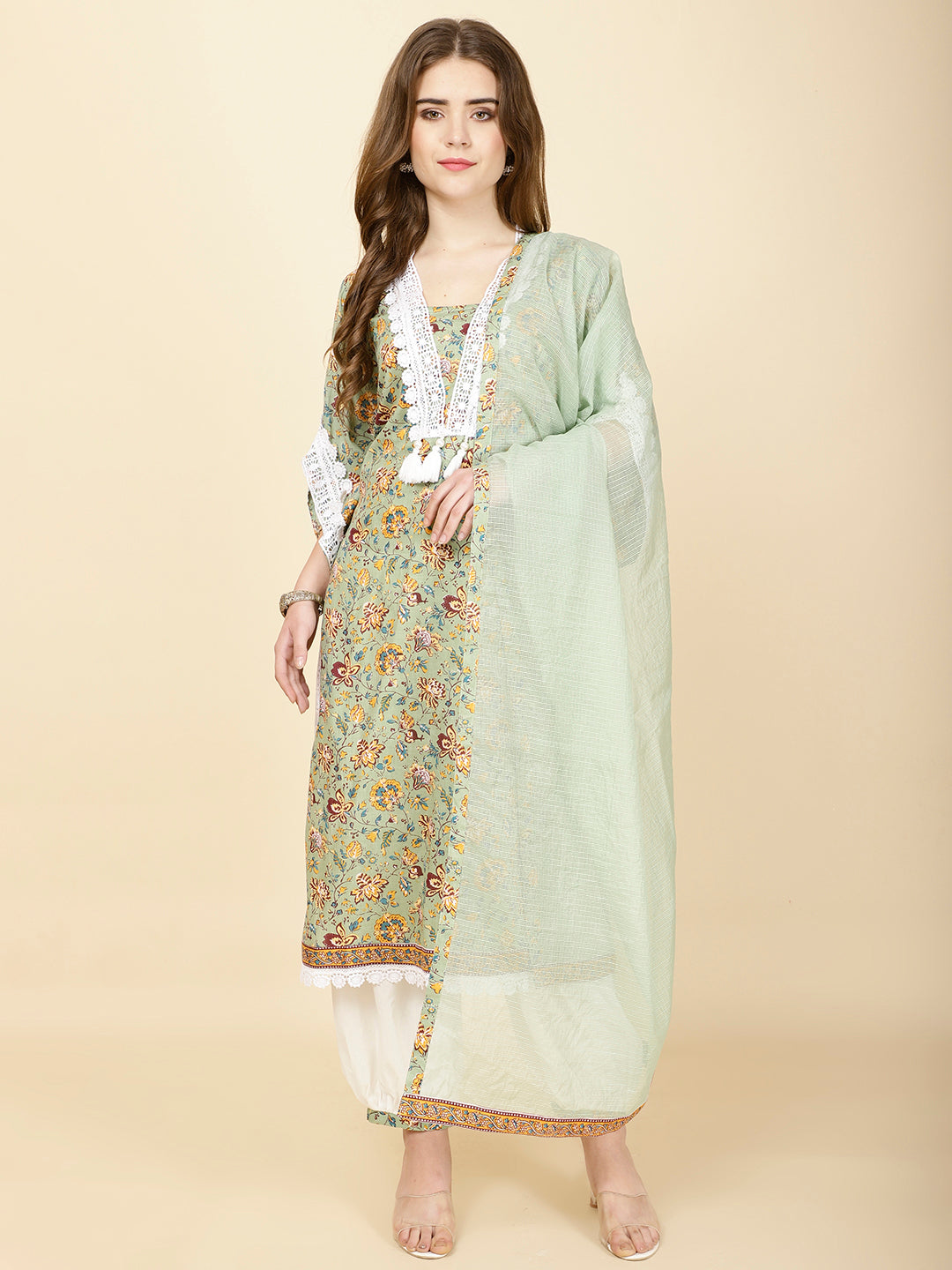 Floral Print Cotton Suit Set With Dupatta