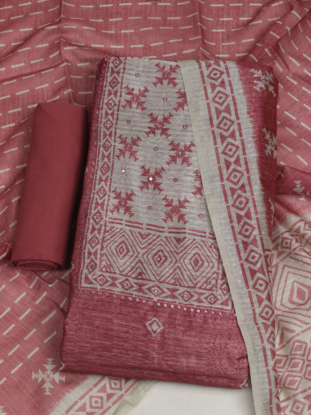 Printed Chanderi Unstitched Suit With Pant &amp; Dupatta