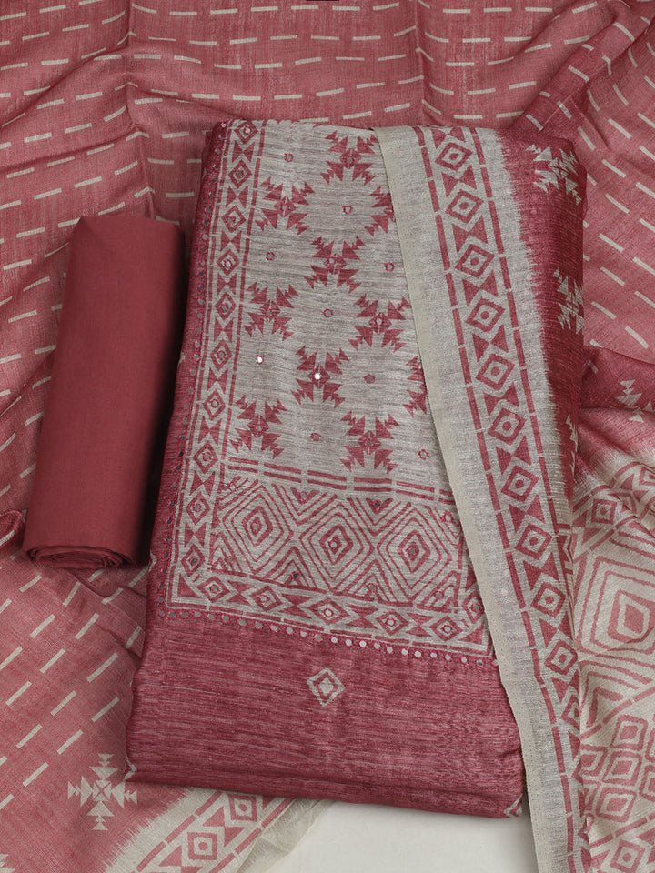 Printed Chanderi Unstitched Suit With Pant &amp; Dupatta