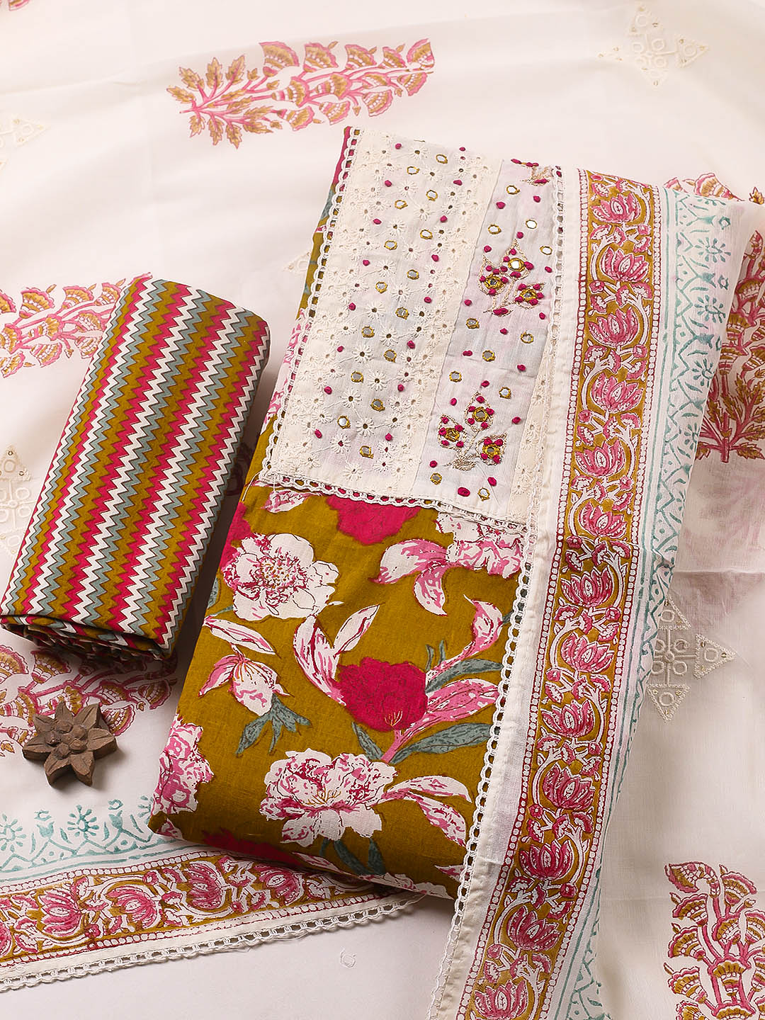 Embroidered Cotton Blend Unstitched Suit With Pant &amp; Dupatta