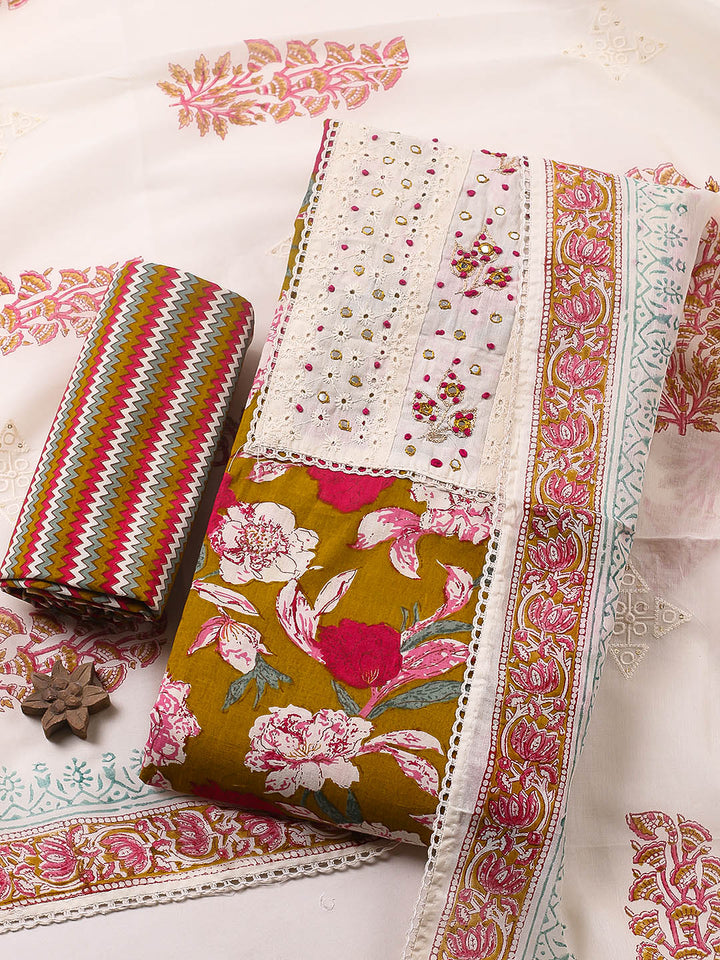 Embroidered Cotton Blend Unstitched Suit With Pant &amp; Dupatta