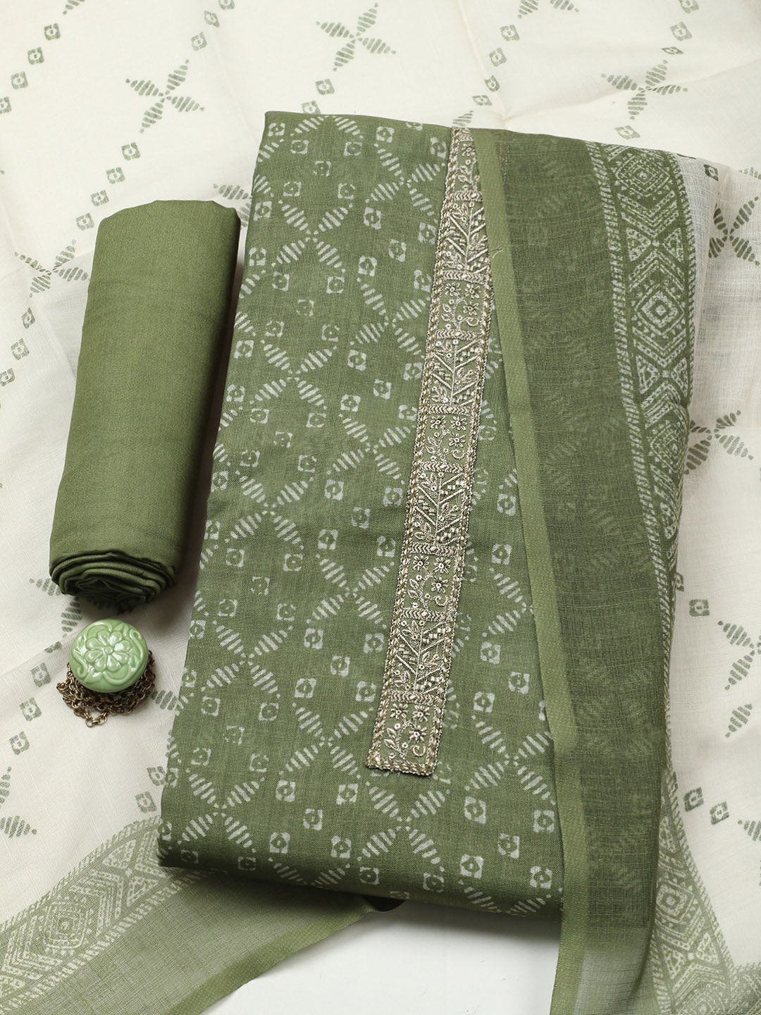 Embroidered Cotton Blend Unstitched Suit With Pant &amp; Dupatta