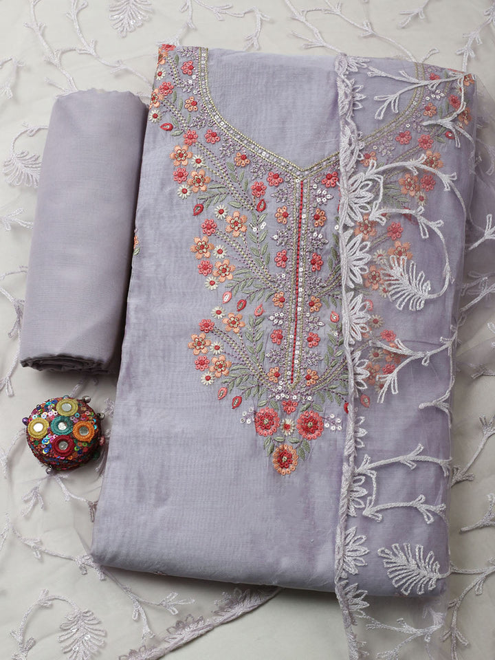 Embroidered Chanderi Unstitched Suit With Pant &amp; Dupatta