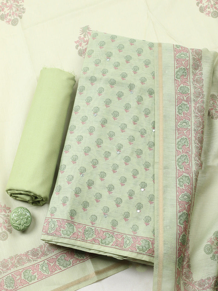 Printed Chanderi Unstitched Suit With Pant &amp; Dupatta