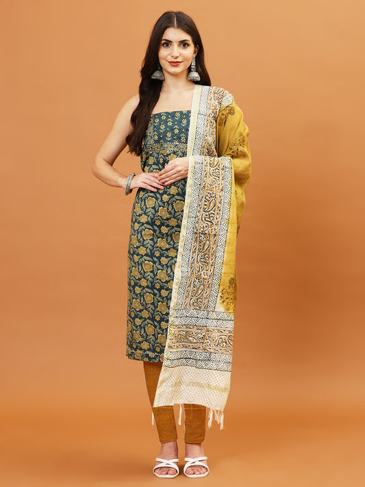 Schiffli Printed Cotton Blend  Unstitched Suit Piece With Dupatta