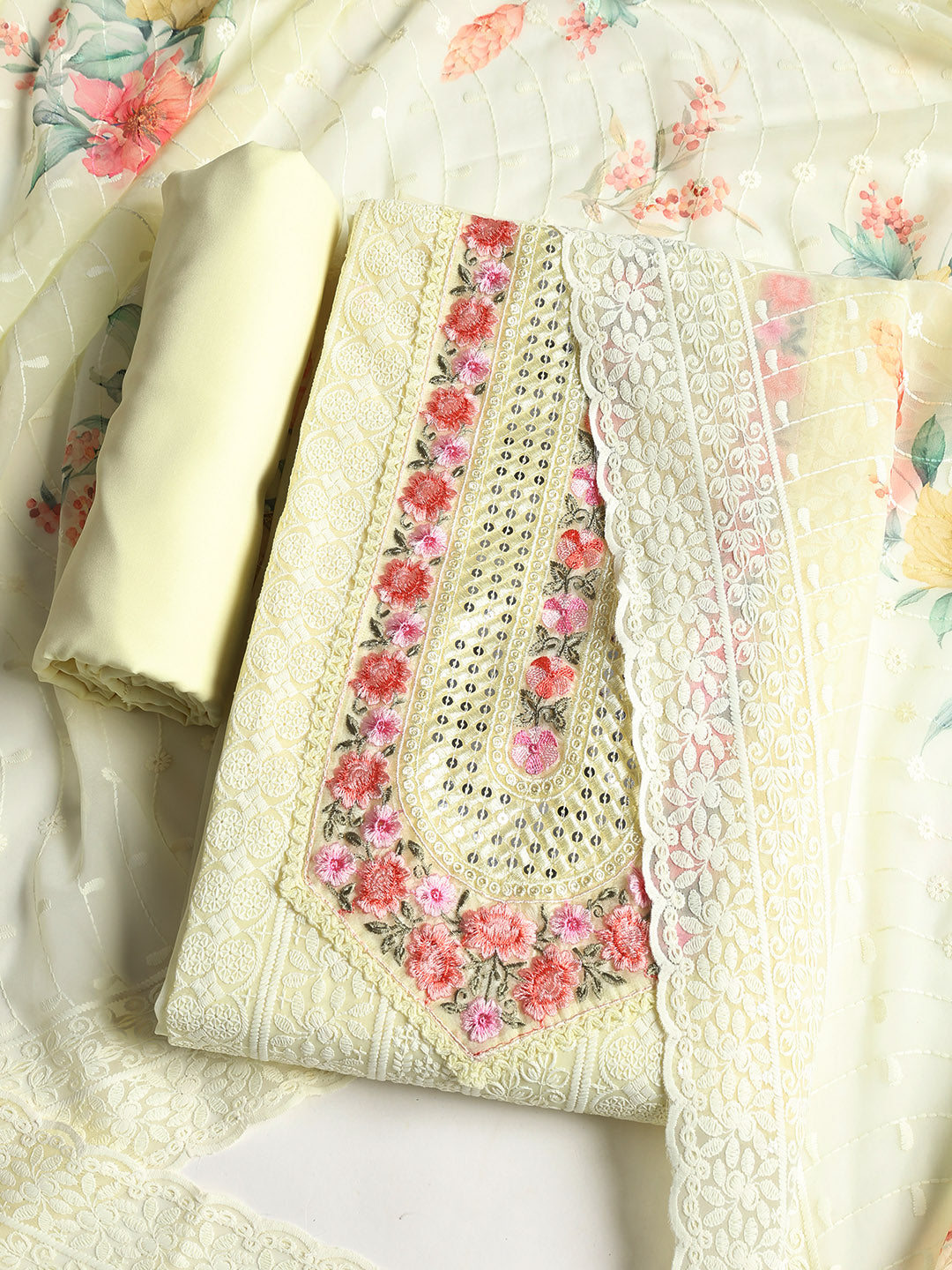 Chikan Work Georgette Unstitched Suit With Dupatta