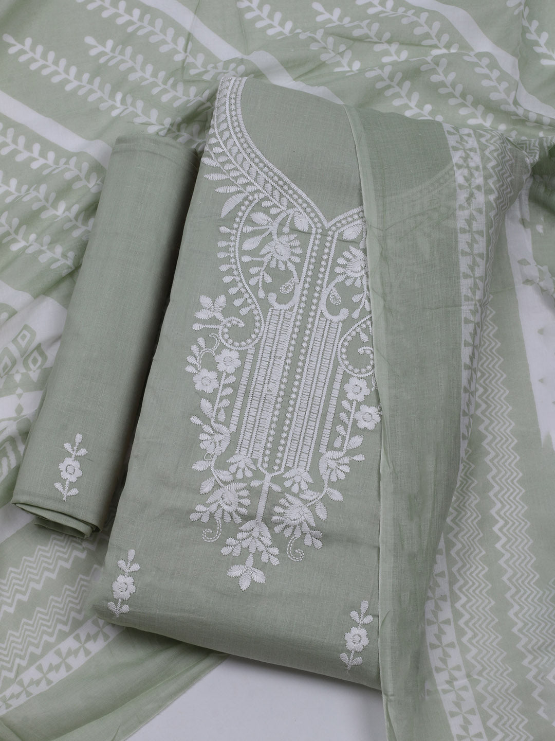 Neck Embroidered Cotton Blend Unstitched Suit With Dupatta