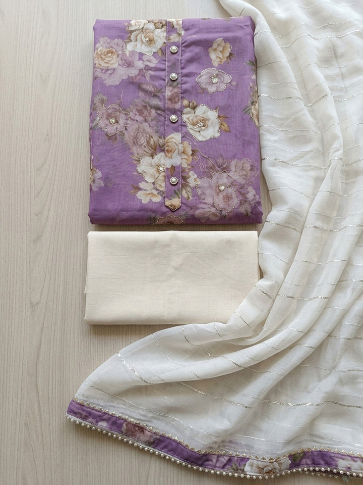 Embroidered Cotton Blend Unstitched Suit With Pant &amp; Dupatta