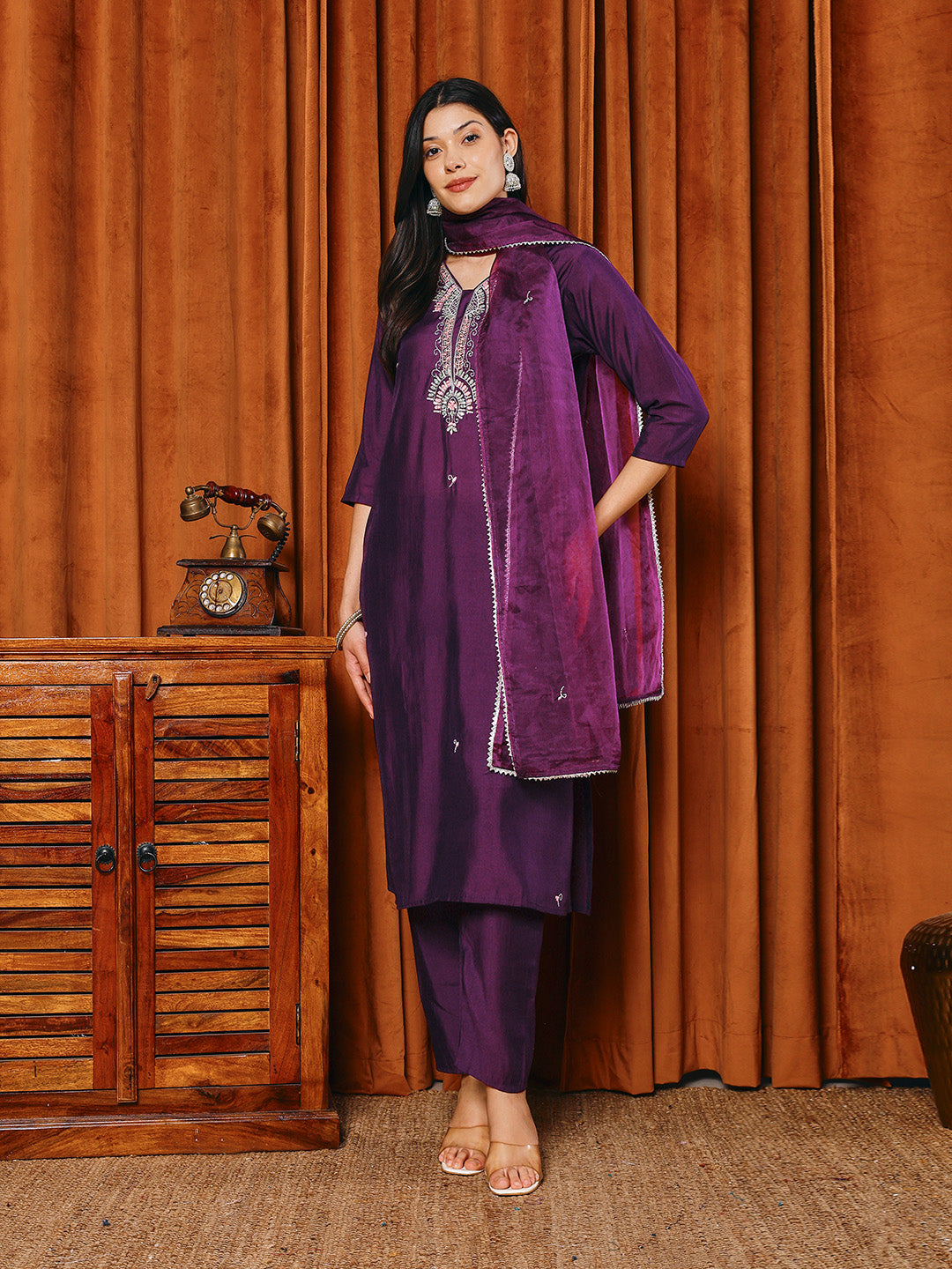 Resham Work Cotton Blend Kurta With Pants & Dupatta