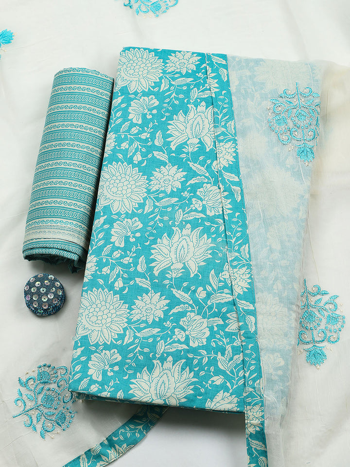 Printed Cotton Blend Unstitched Suit With Pant &amp; Dupatta