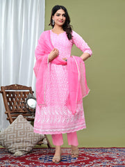 Embroidered Cotton Blend Kurta With Pant & Dupatta