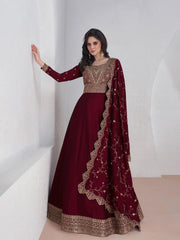 Embroidered Silk A Line Gown With Dupatta