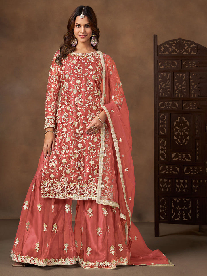 Embroidered Net Semi Stitched Kurta With Plazzo &amp; Dupatta