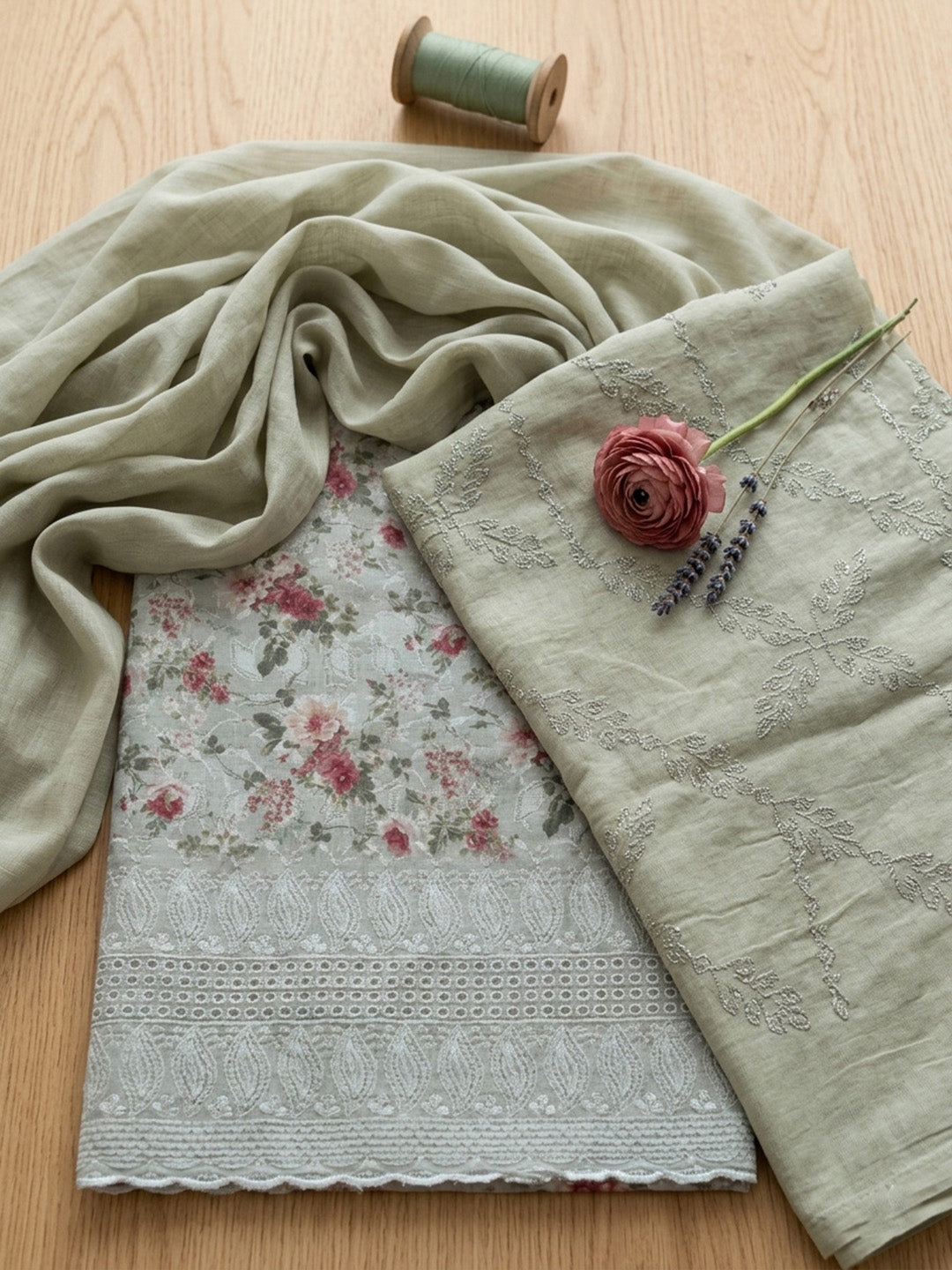 Printed Cotton Blend Unstitched Suit With Pant &amp; Dupatta
