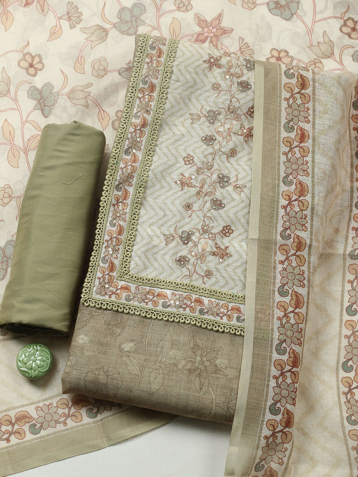 Printed Cotton Blend Unstitched Suit With Pant &amp; Dupatta