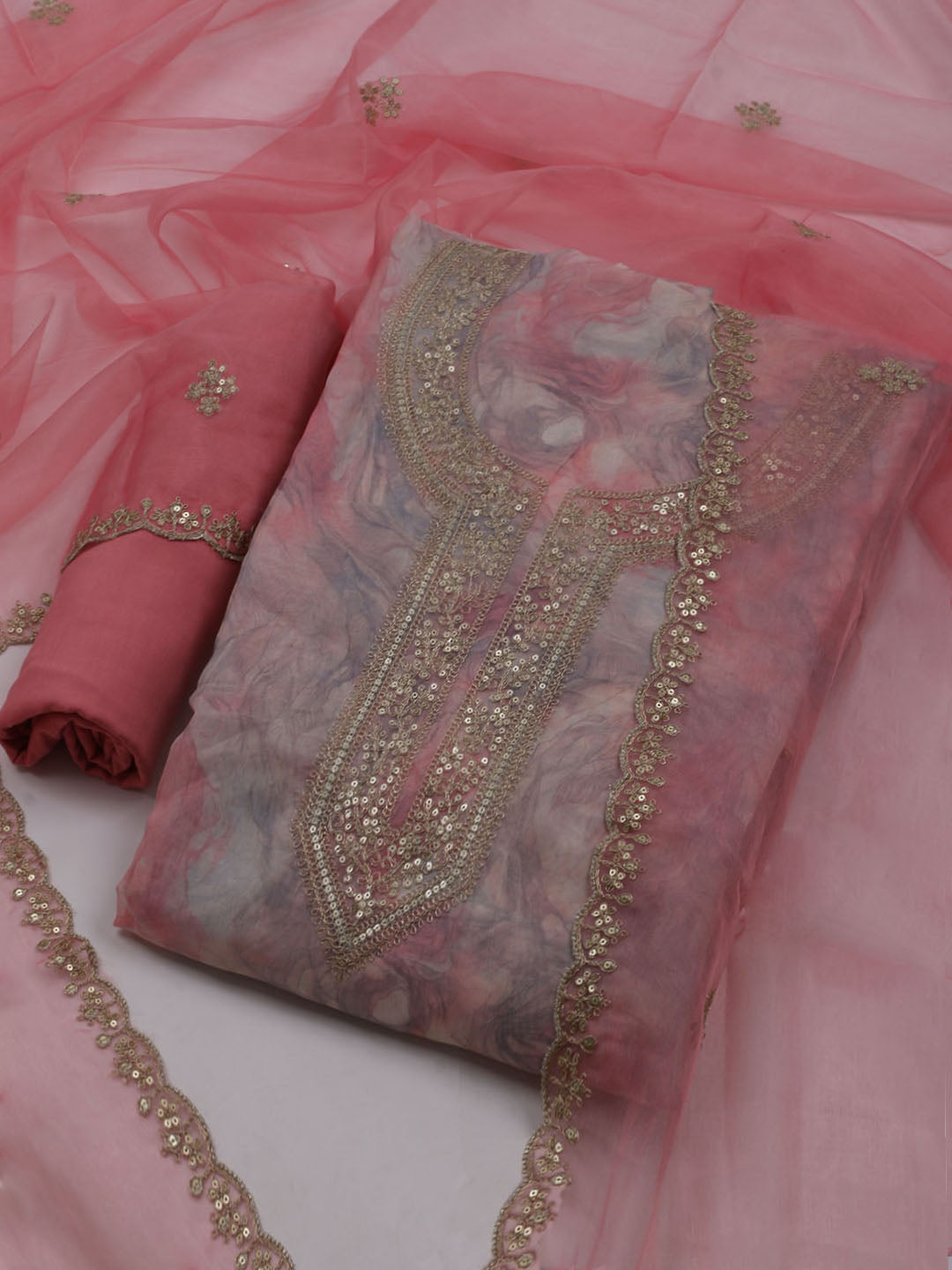 Neck Embroidered Organza Unstitched Suit With Dupatta