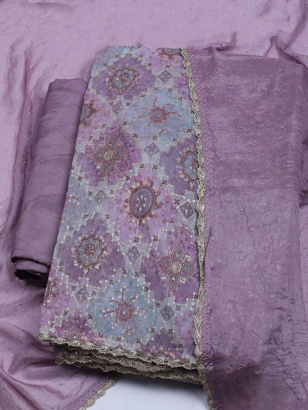 Neck Embroidered Chinon Unstitched Suit With Dupatta