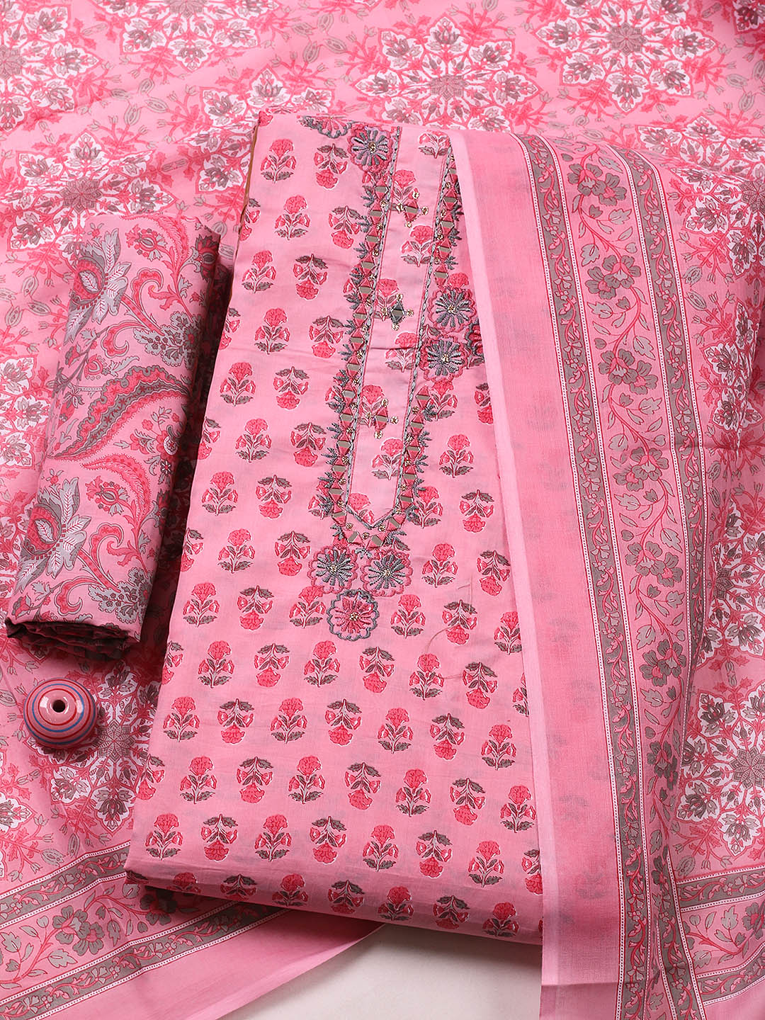 Embellished Cotton Blend Unstitched Suit With Pant &amp; Dupatta