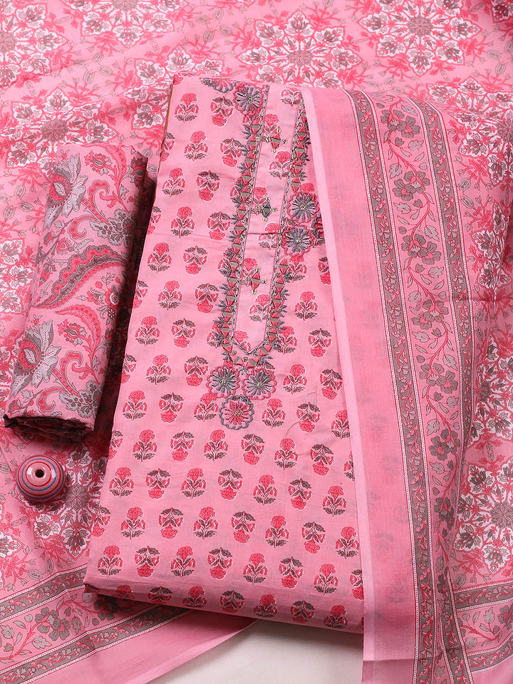 Embellished Cotton Blend Unstitched Suit With Pant &amp; Dupatta
