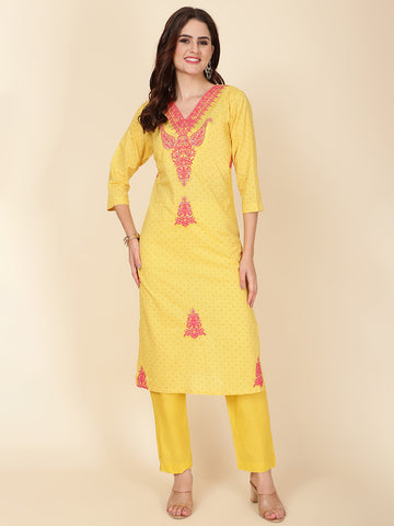 Printed & Neck Embroidered Cotton Kurta Set