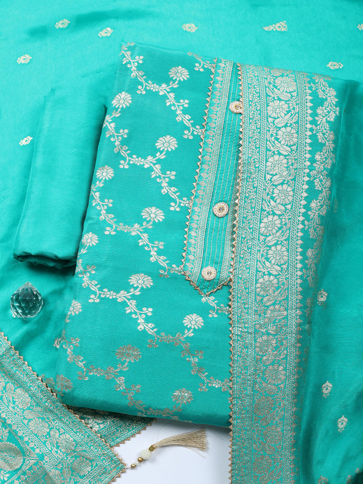 Embroidered Chanderi Unstitched Suit With Pant &amp; Dupatta