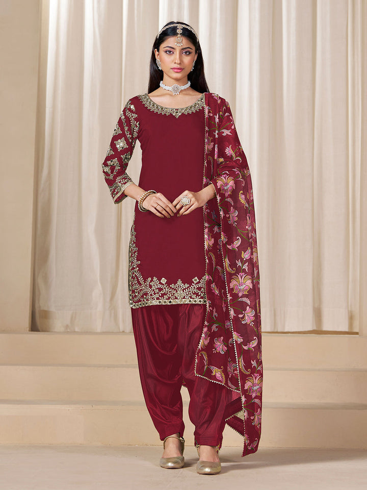 Embroidered Art Silk Semi Stitched Kurta With Patiala Salwar &amp; Dupatta