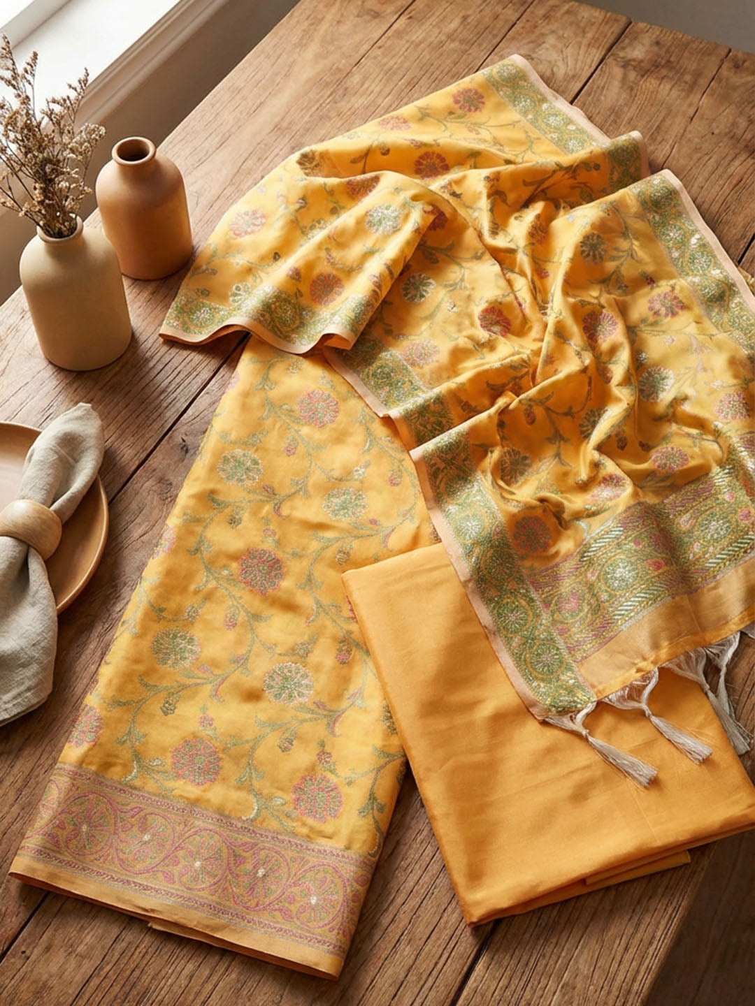 Banarasi Chanderi Unstitched Suit With Pant &amp; Dupatta