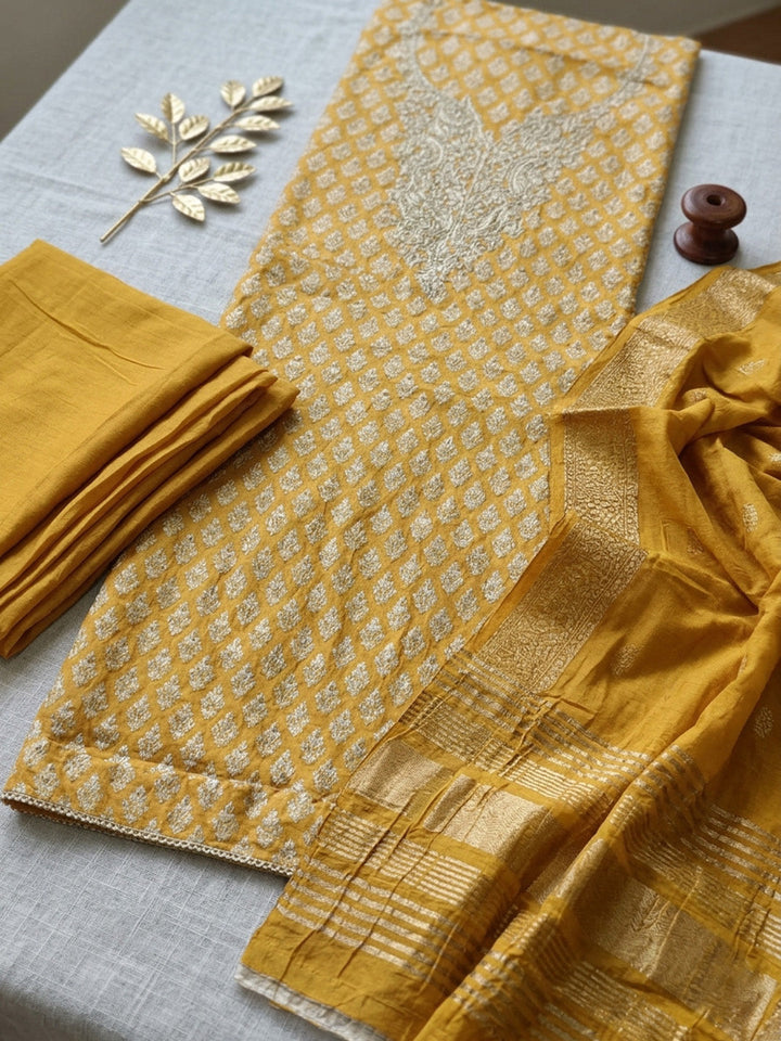 Embroidered Cotton Blend Unstitched Suit With Pant &amp; Dupatta