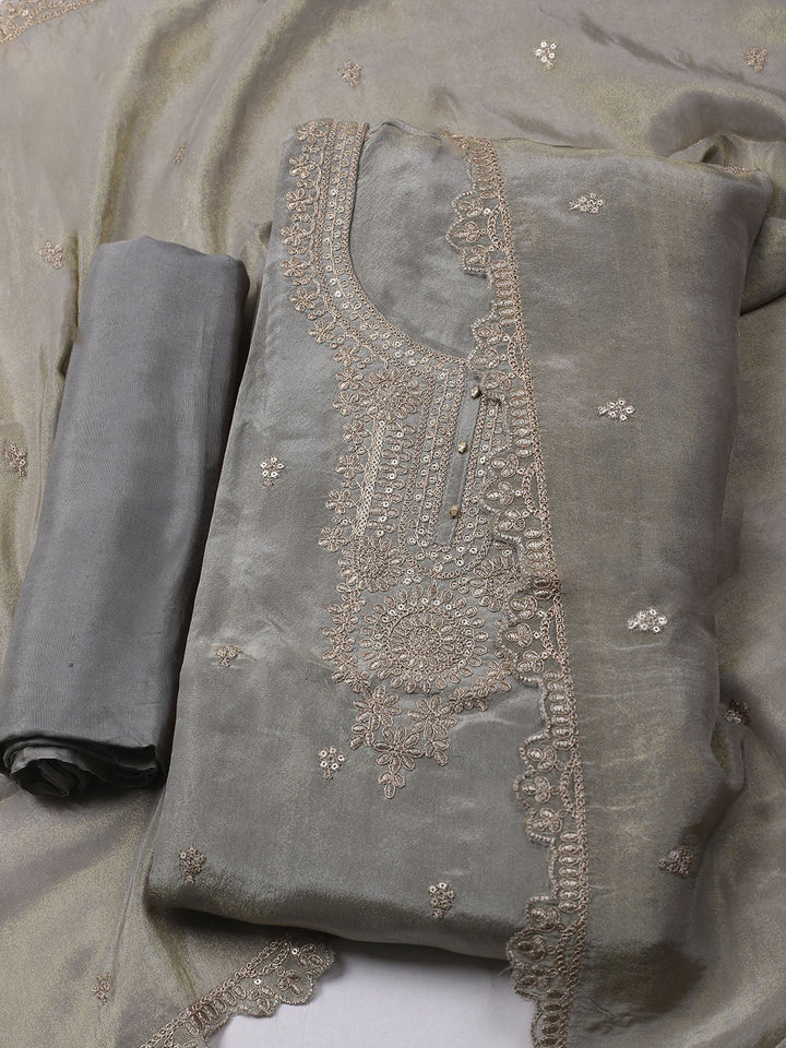 Embroidered Organza Unstitched Kurta With Pant &amp; Dupatta
