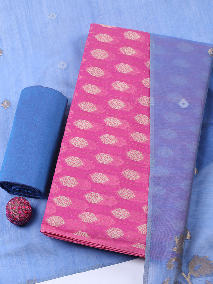 Printed Chanderi Unstitched Suit With Pant &amp; Dupatta