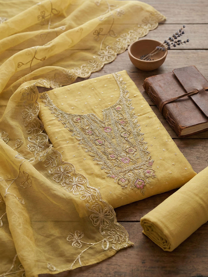 Embroidered Chanderi Unstitched Suit With Pant &amp; Dupatta