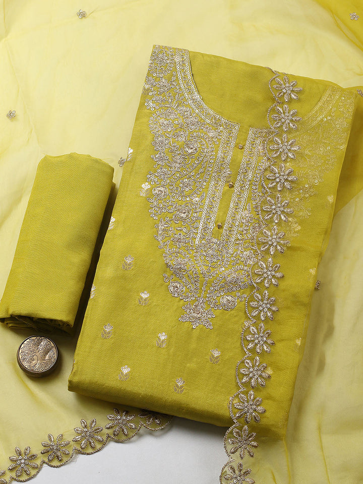 Embroidered Chanderi Unstitched Suit With Pant &amp; Dupatta