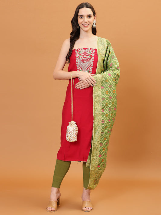 Neck Embroidered Chanderi Unstitched Suit Piece With Dupatta