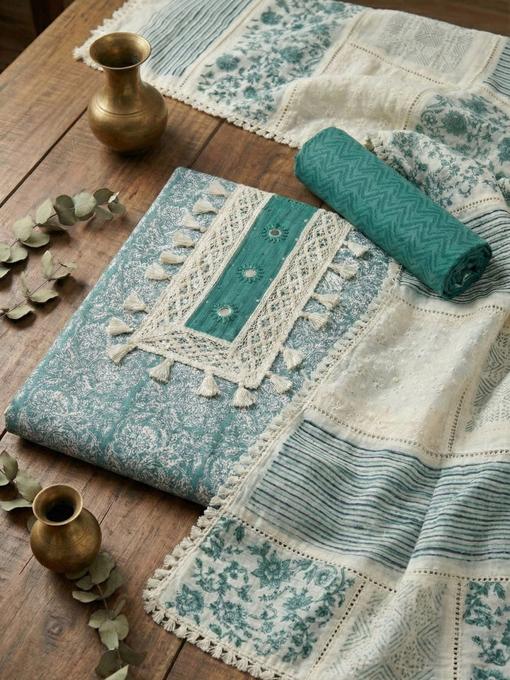 Embroidered Cotton Blend Unstitched Suit With Pant &amp; Dupatta