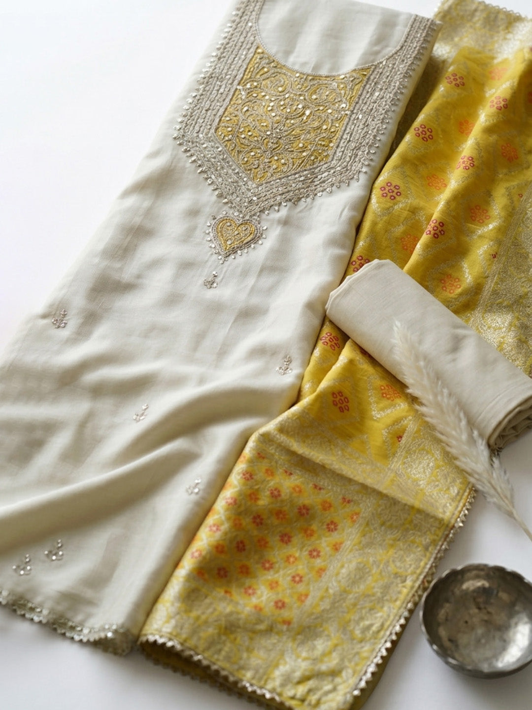 Embroidered Chanderi Unstitched Suit With Pant &amp; Dupatta