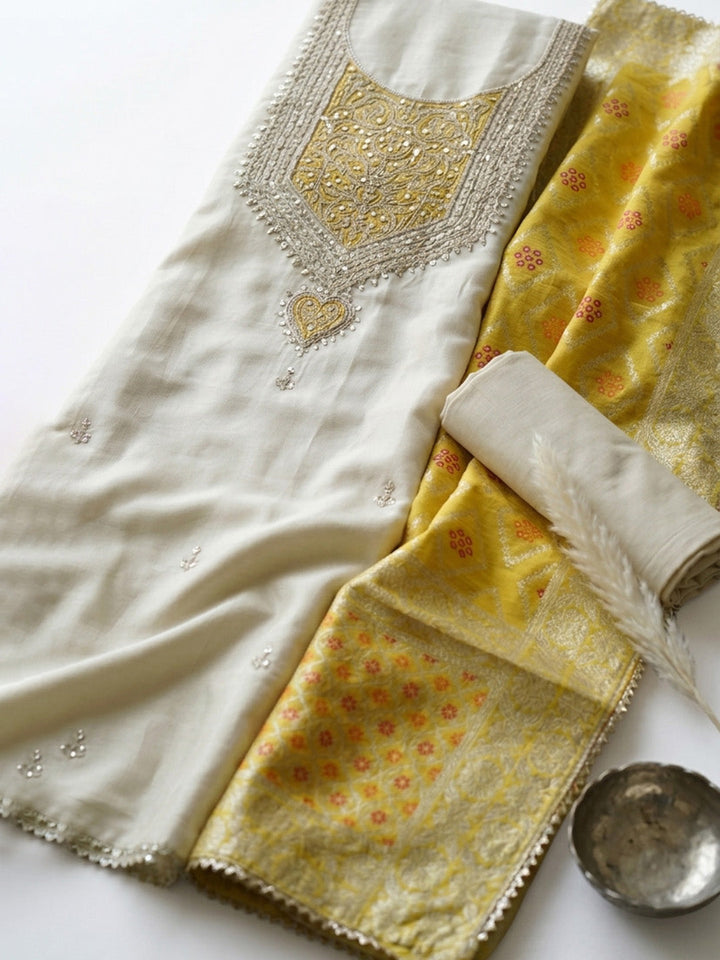 Embroidered Chanderi Unstitched Suit With Pant &amp; Dupatta