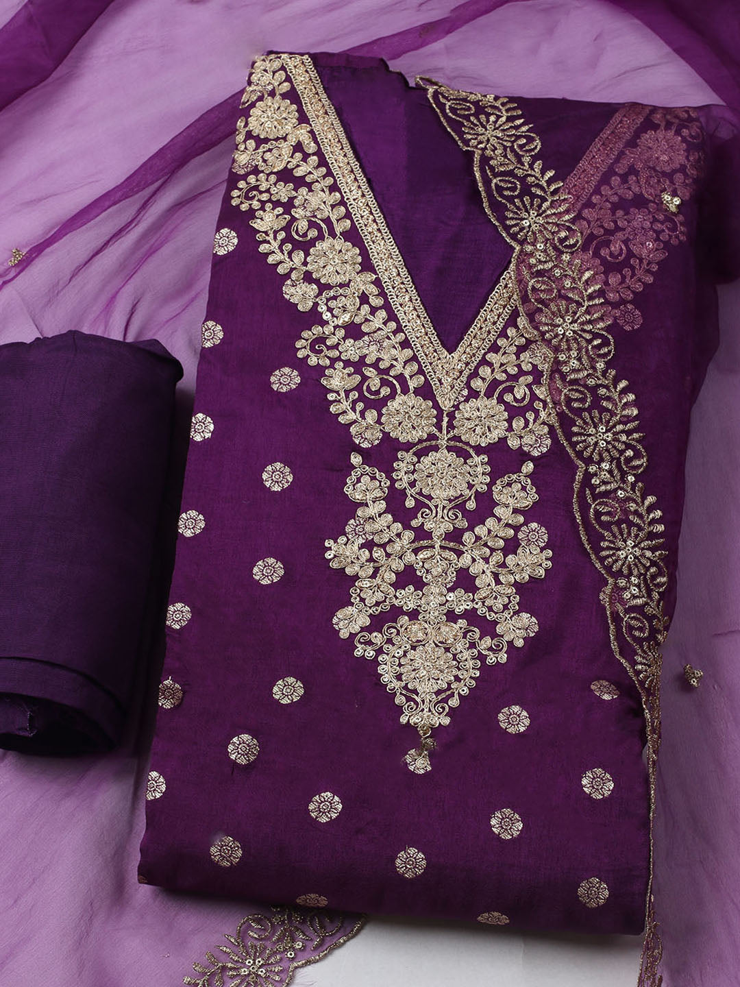 Embroidered Chanderi Unstitched Kurta With Pant &amp; Dupatta