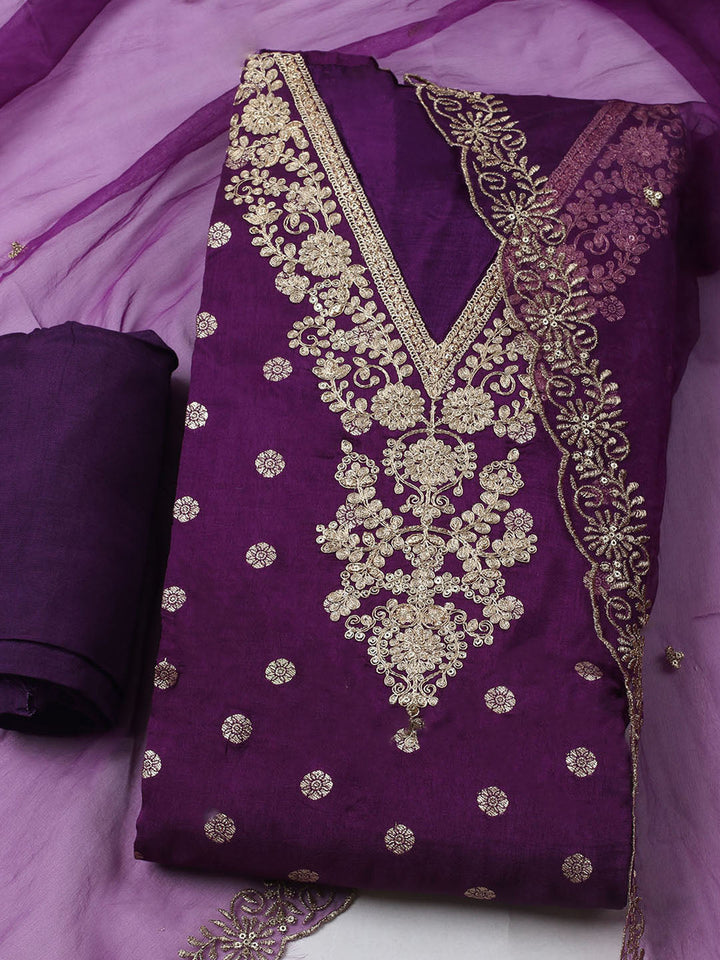 Embroidered Chanderi Unstitched Kurta With Pant &amp; Dupatta