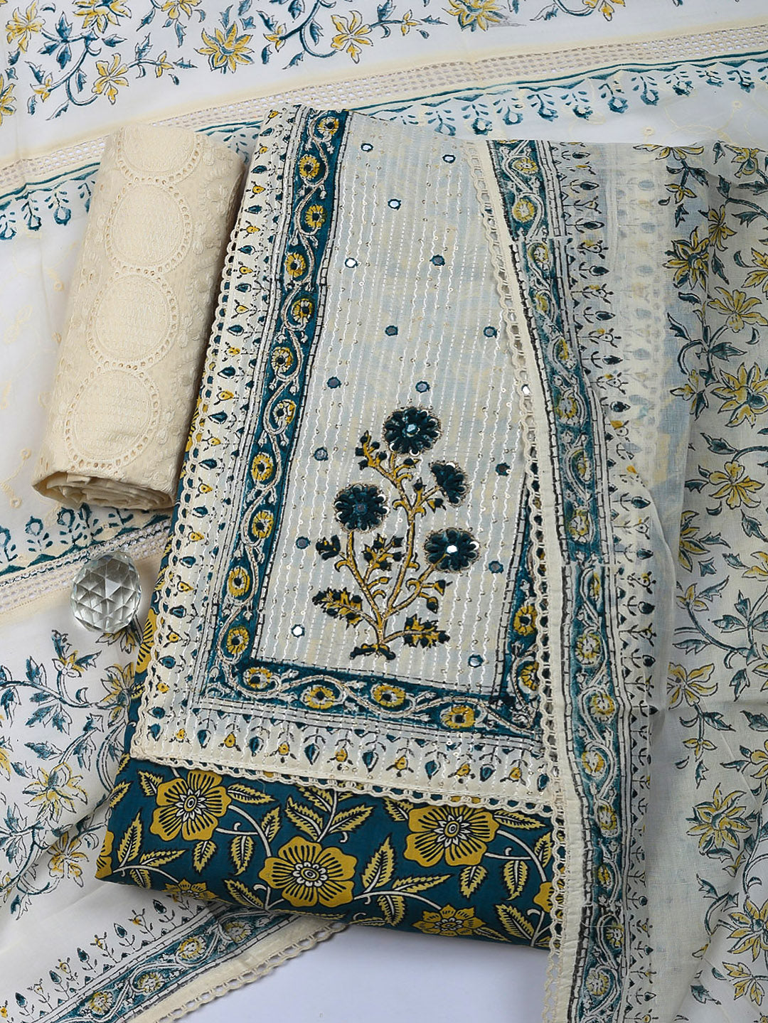 Embroidered Cotton Blend Unstitched Suit With Pant &amp; Dupatta