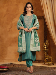 Neck Zari Embroidery Tissue Kurta With Pants & Dupatta