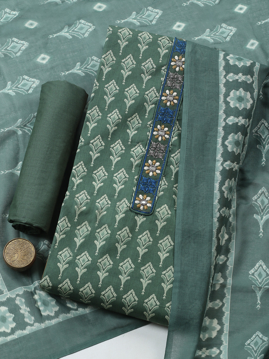 Embroidered Cotton Blend Unstitched Suit With Pant &amp; Dupatta
