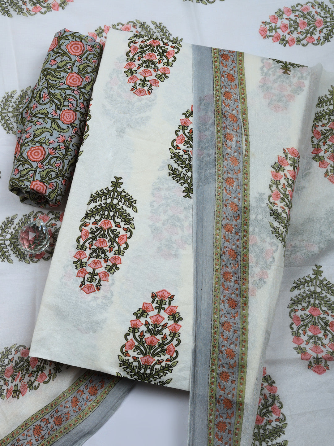 Printed Cotton Unstitched Suit With Pant &amp; Dupatta