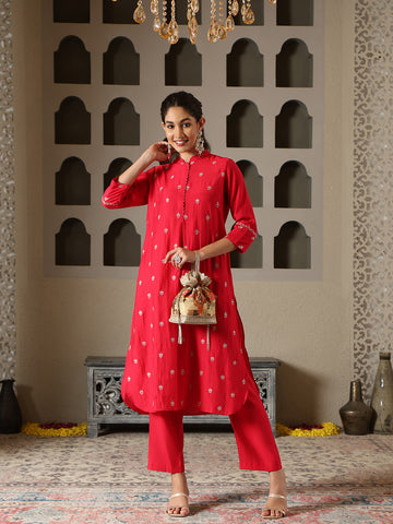 Zari Embroidery Cotton Blend Kurta With Pants