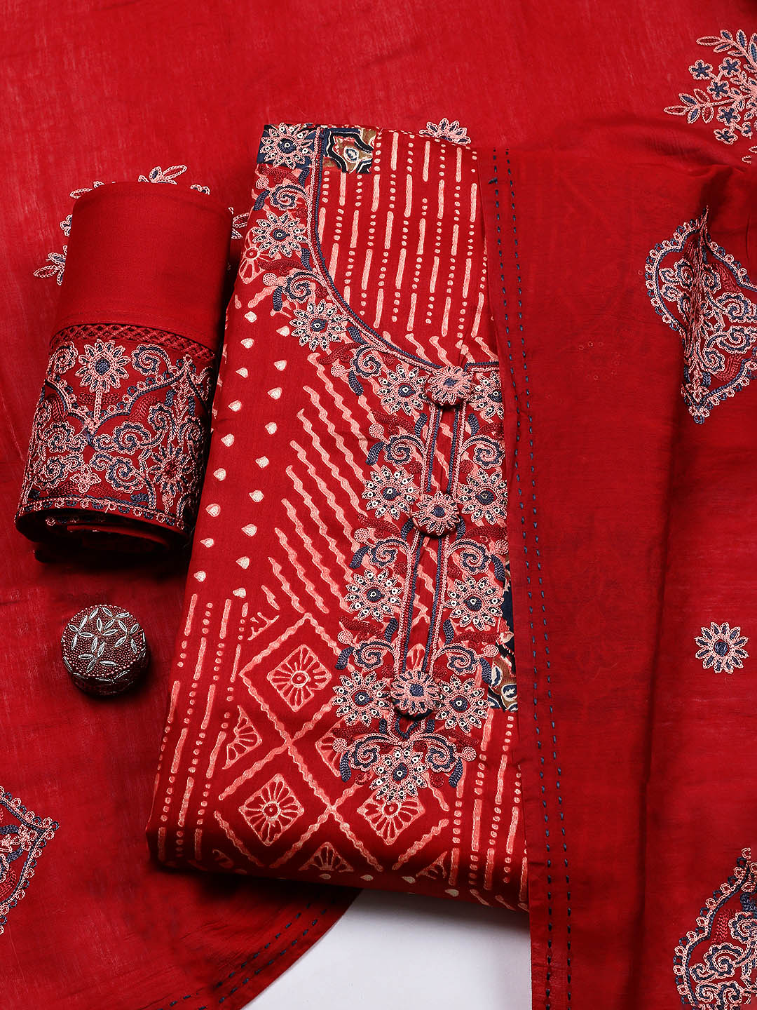 Embroidered Cotton Blend Unstitched Suit With Pant &amp; Dupatta