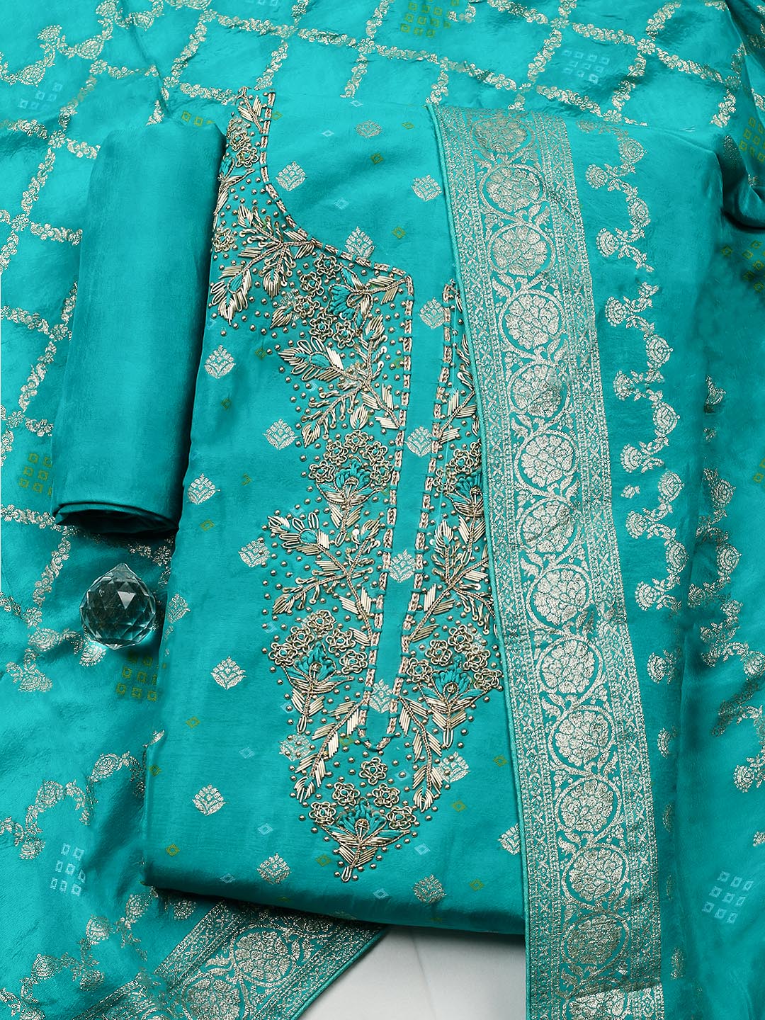 Embroidered Chanderi Unstitched Suit With Pant &amp; Dupatta